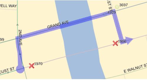 Eastbound:  Locust (E), Left (N) on 2nd Ave, Right (E) on Grand, Right (S) on Locust back to route.