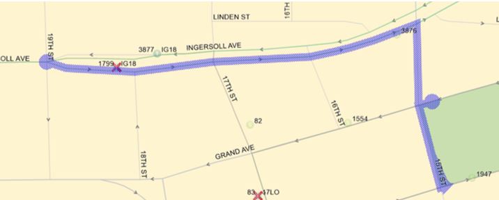  11, & 60Uni Inbound:  Ingersoll (E), Right on 15th (S), Left (E) on Locust back to route. 98, 99, & D-line:  Grand (W), Left (S) on 15th, Left (E) on Locust back to route.