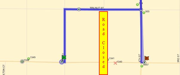 11, and 72 Eastbound:  Elm (E), Left (N) on 6th, Right (E) on Walnut,   Route 72 Left on 4th back to route.  Route 11 Right on 4th, Left (E) on Elm back to route. 72 Westbound:  4th (S), Right (W) on Walnut, Left (S) on 6th, Right (W) on Elm back to route.