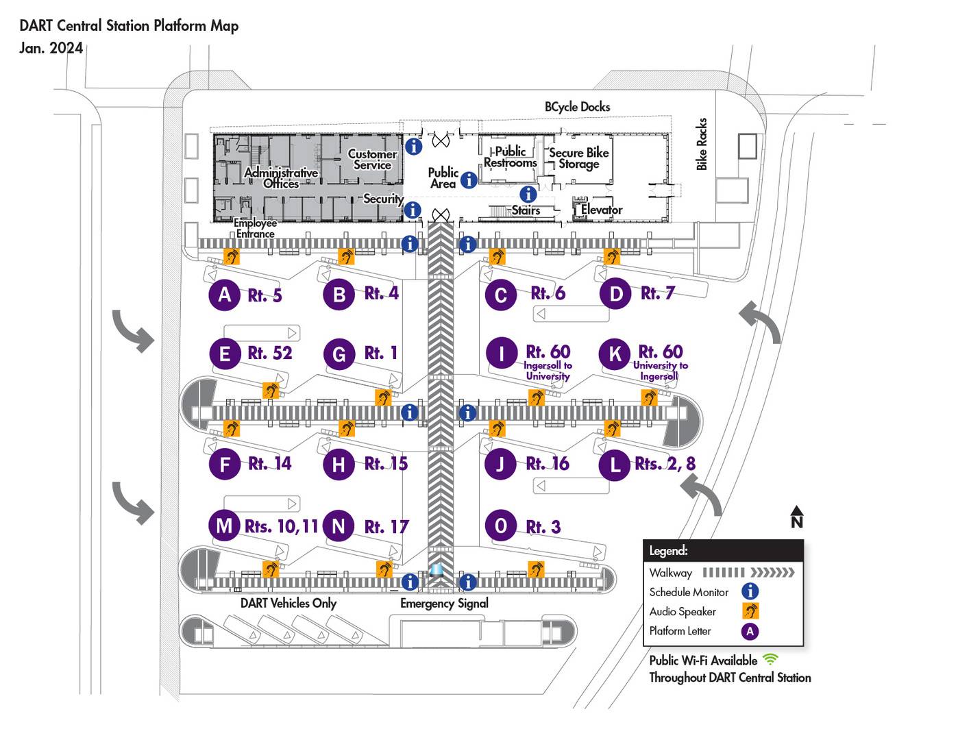 Map of platforms and routes at DART Central station